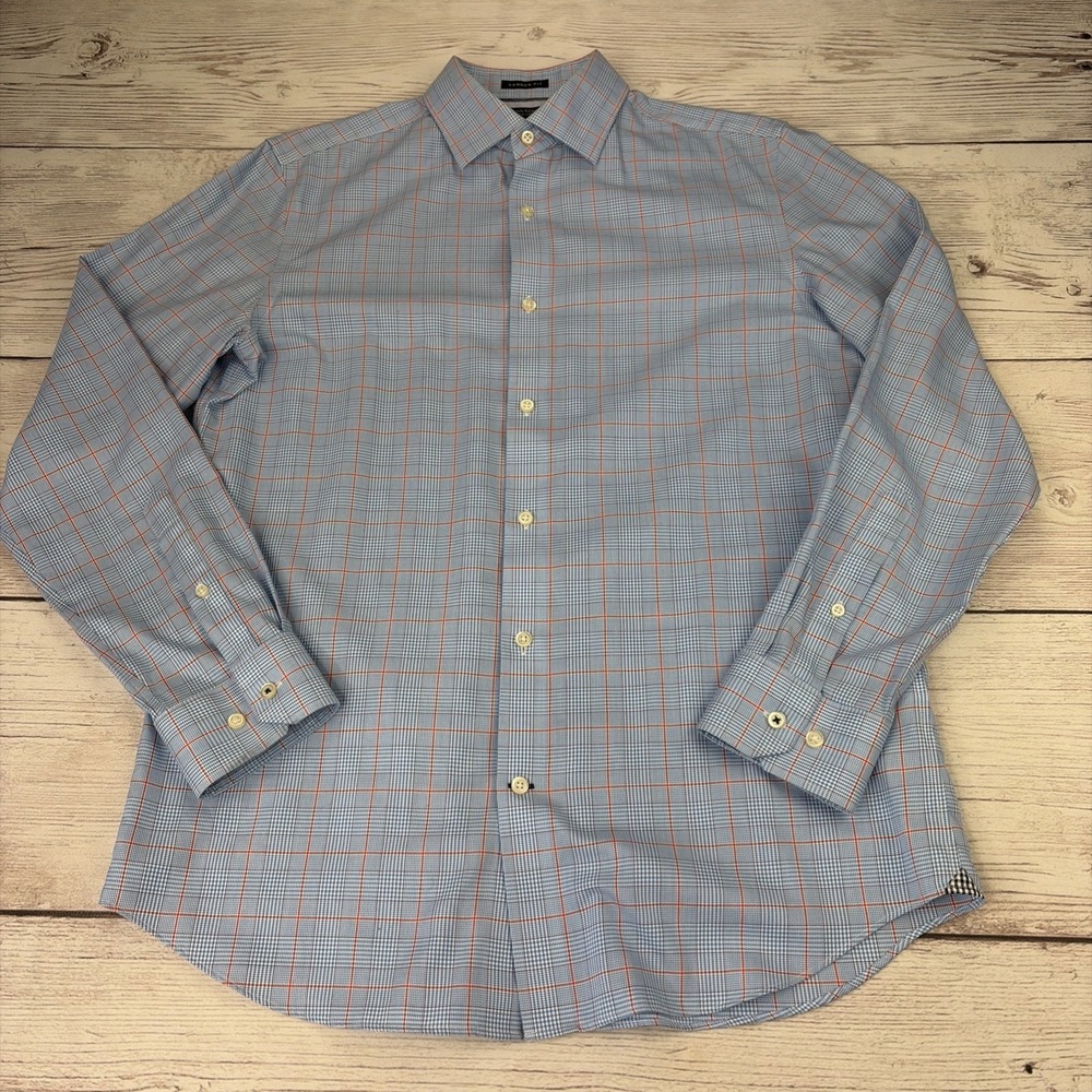 Banana Republic Camden Fit Men's Med Blue Orange Plaid Non Iron Button Up